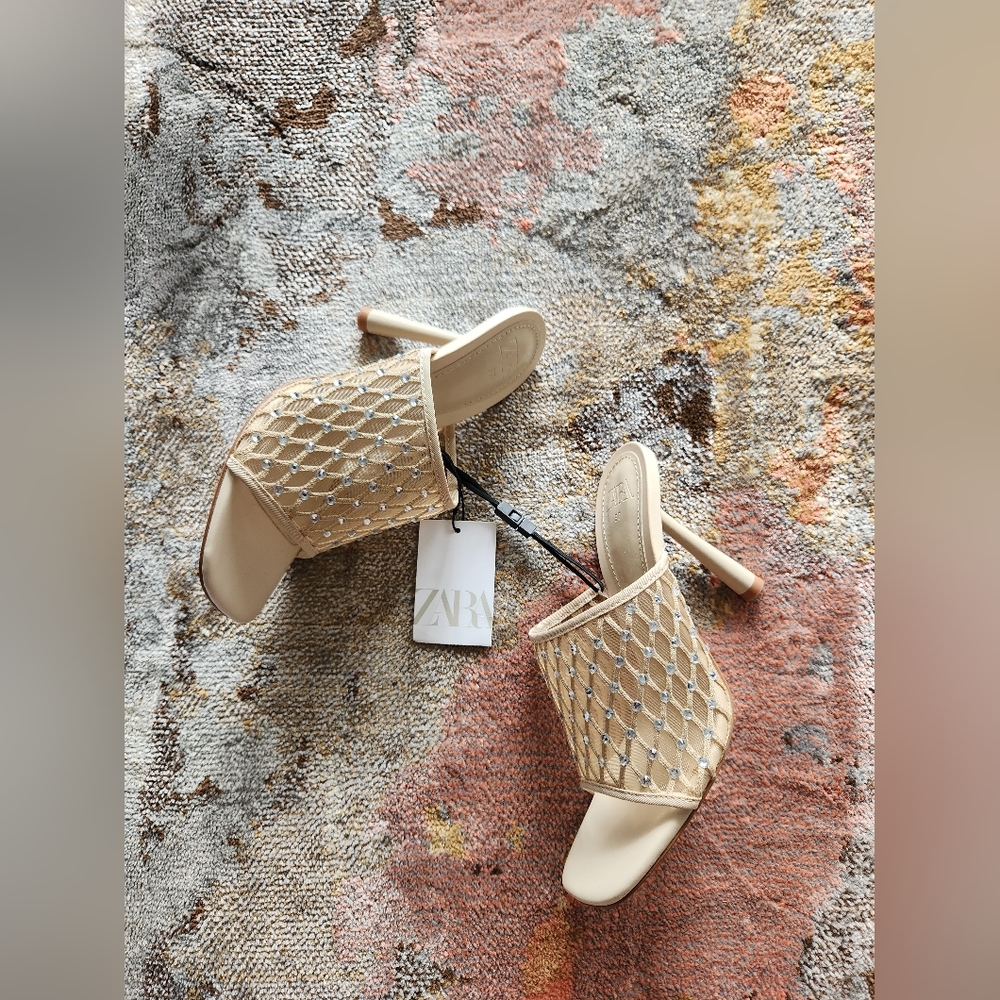 NWT Zara Size 6.5 Beige Rhinestone Mesh Slide Heels - Picture 4 of 7